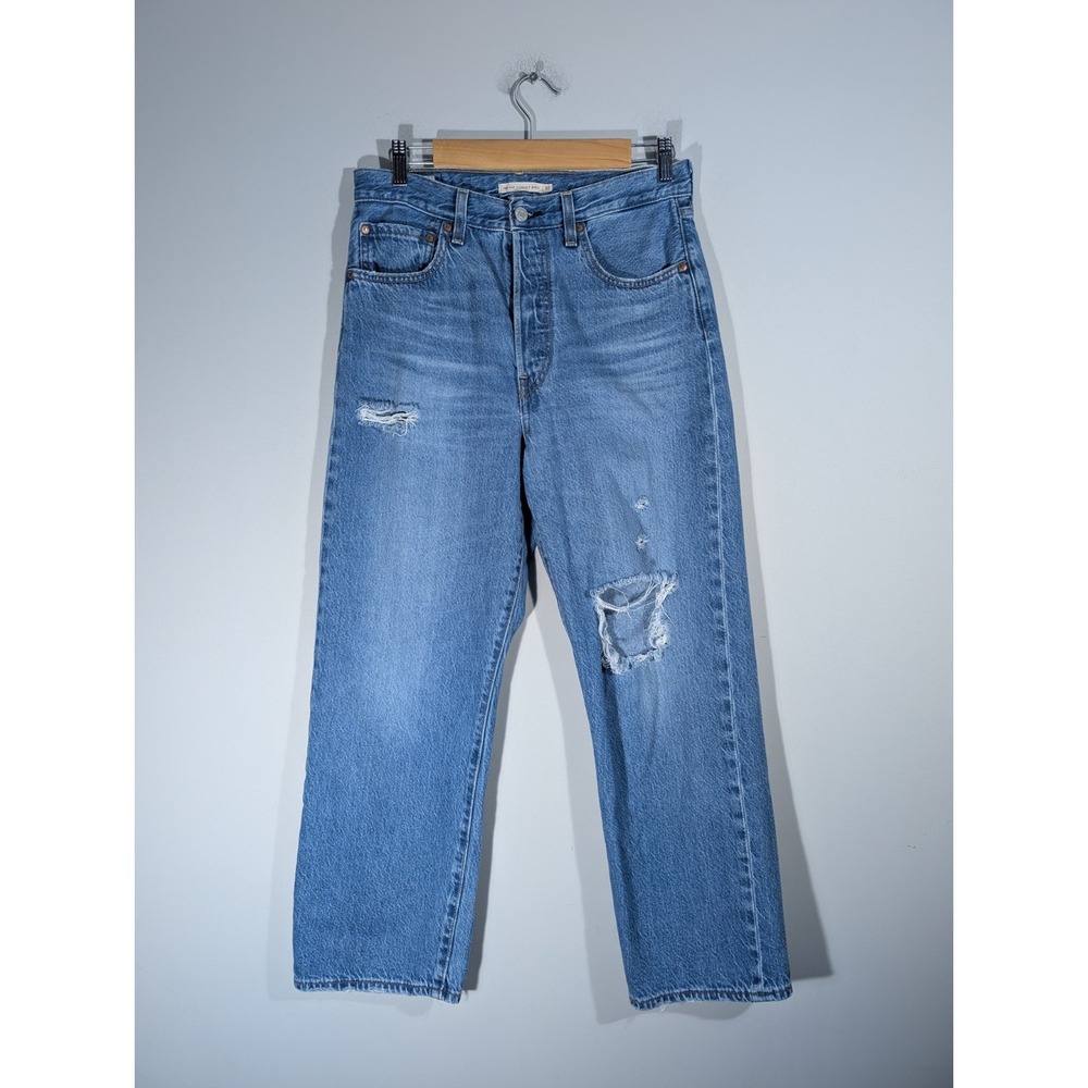 Levi's Womens Blue Ribcage Straight Ankle Jeans Sz 30 Distressed Western Casual